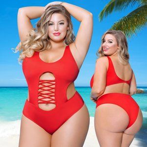 Plus 1Pc Monokini Swimsuit Womens Size 3x4x Red One Piece High Leg Swimwear